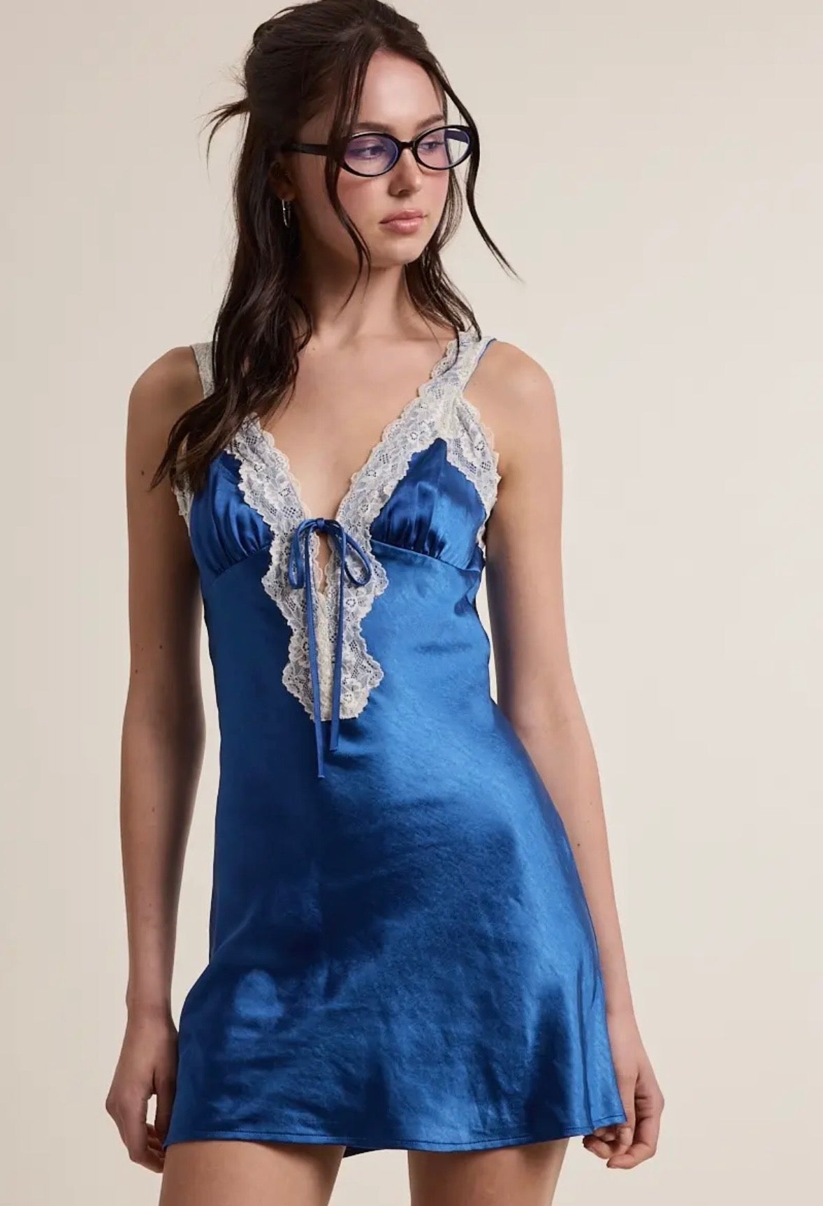 Satin lace v shape with open back mini- jewel tone blue
