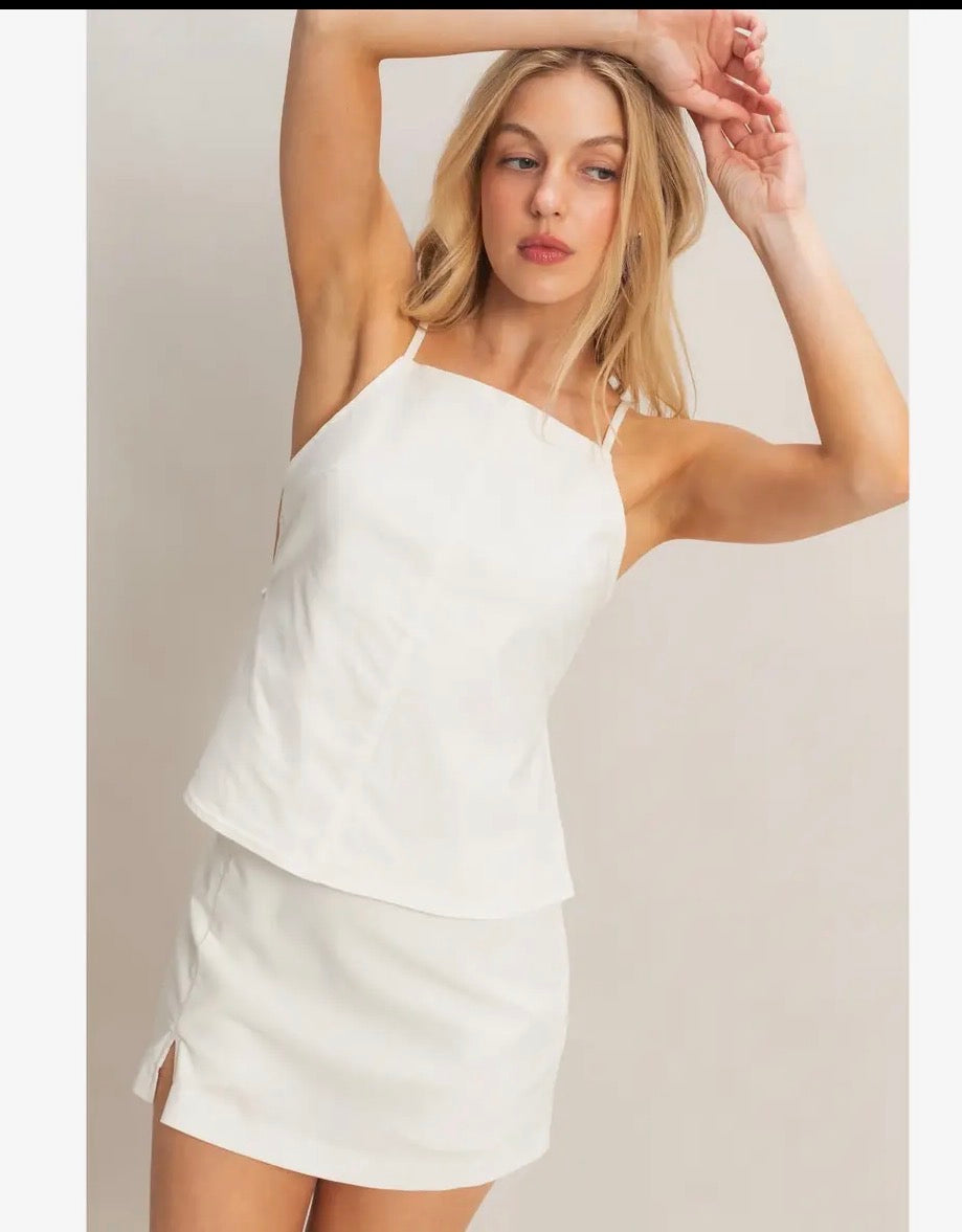 Strappy square neck top with skort- white
